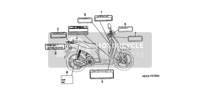 Honda SH100 2000 Etiqueta de precaución para un 2000 Honda SH100